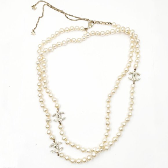 Chanel 3 Gold CC Pearl Faux Fresh Water Pearl Long Necklace - Picture 1 of 5